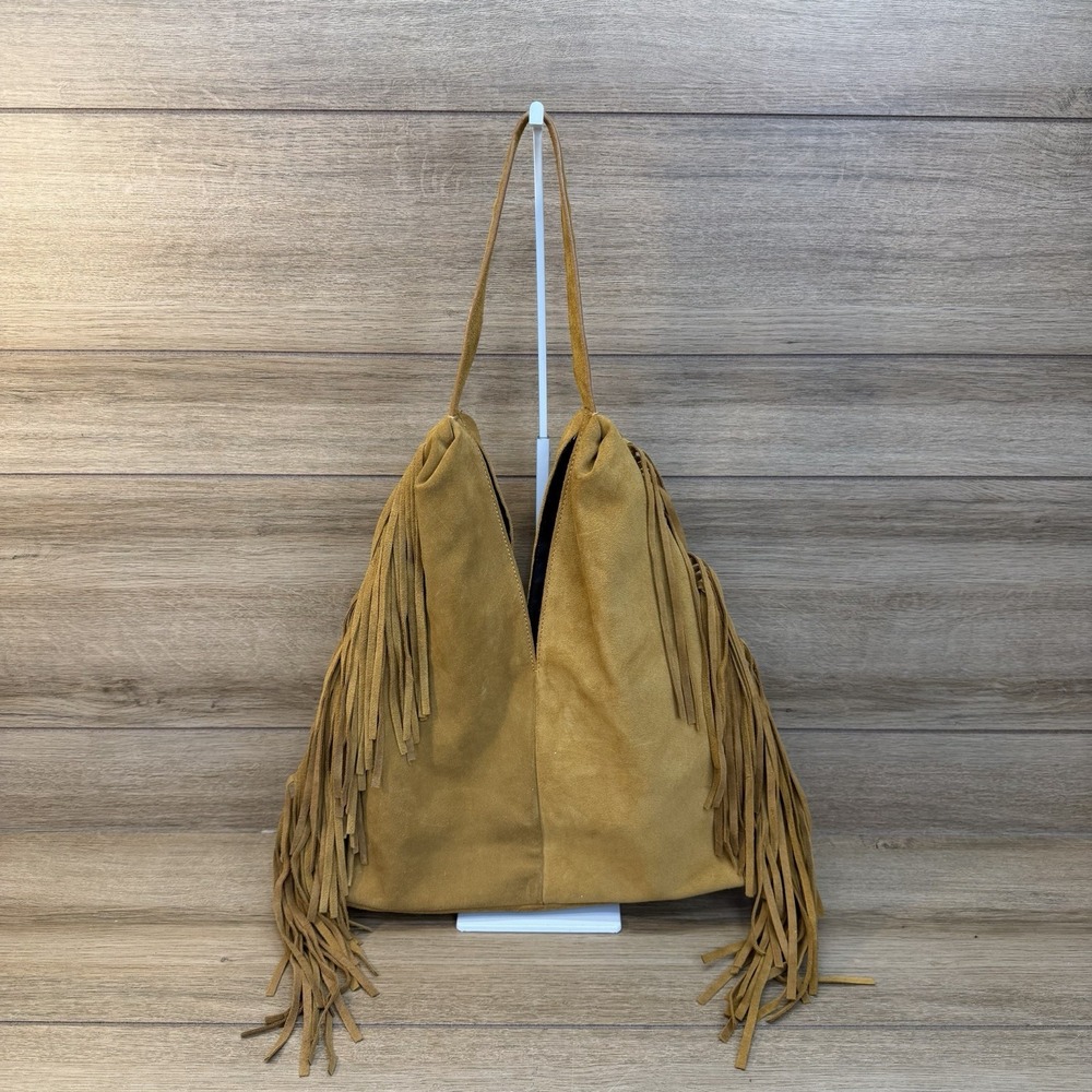 Divina Firenze Suede Fringe Hobo Bag Italian Leather Slouchy Boho Tote Tan